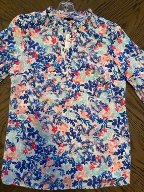 Talbots Floral Blouse in Blue, Coral, Aqua and White